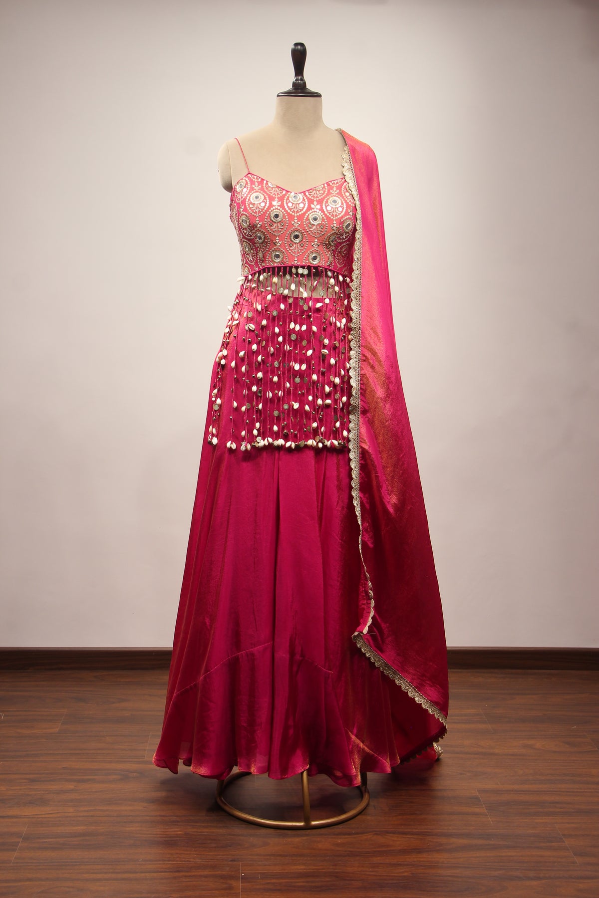 Rani Tissue Indo Western with Mirror & Sequin Handwork Fringe Crop Top – front view