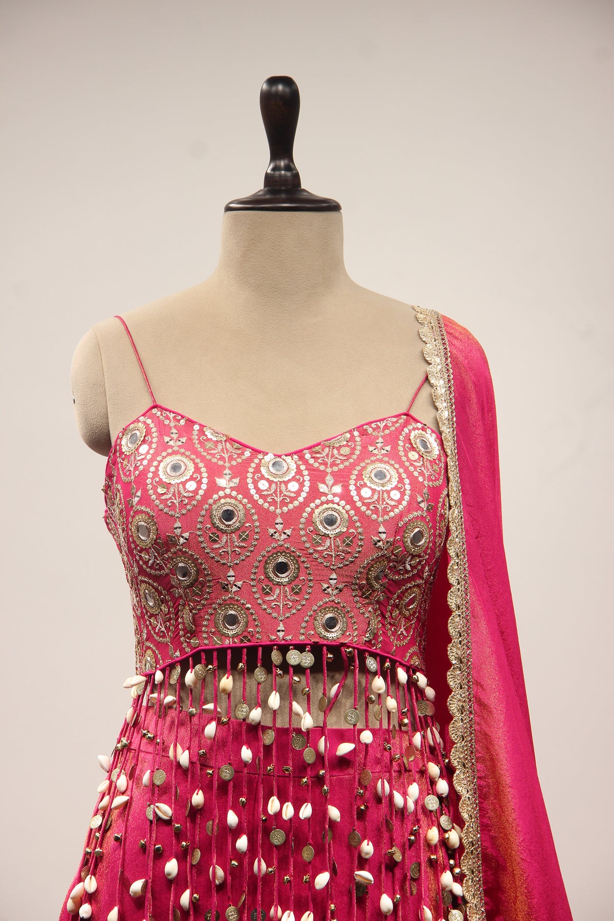 Rani Tissue Indo Western with Mirror & Sequin Handwork Fringe Crop Top – front close-up