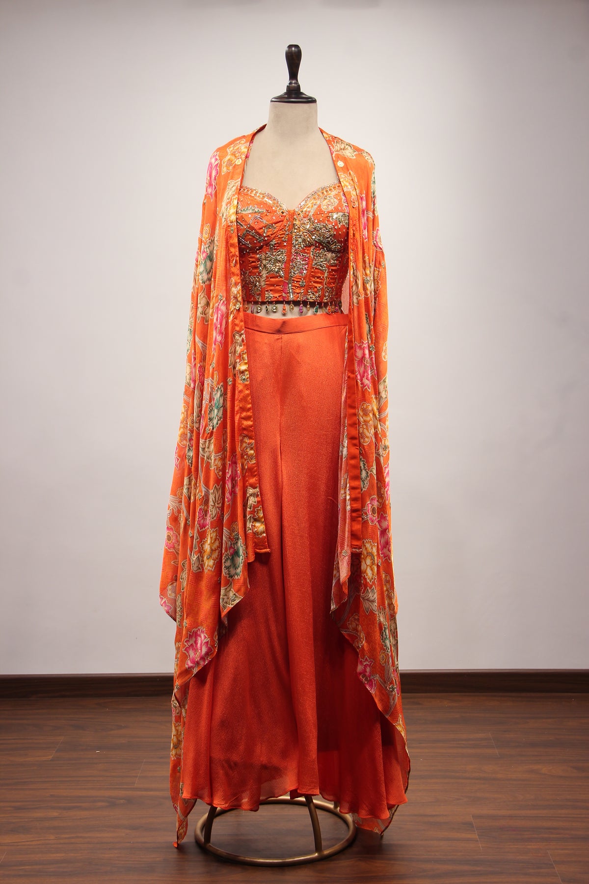 Crepe Rust Indo Western with Printed & Sequin Handwork