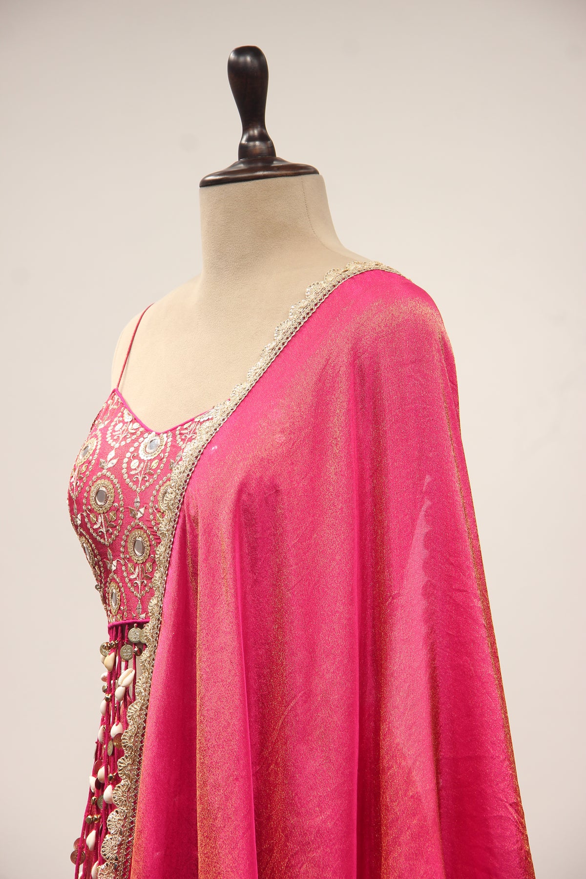 Rani Tissue Indo Western with Mirror & Sequin Handwork Fringe Crop Top – side close-up