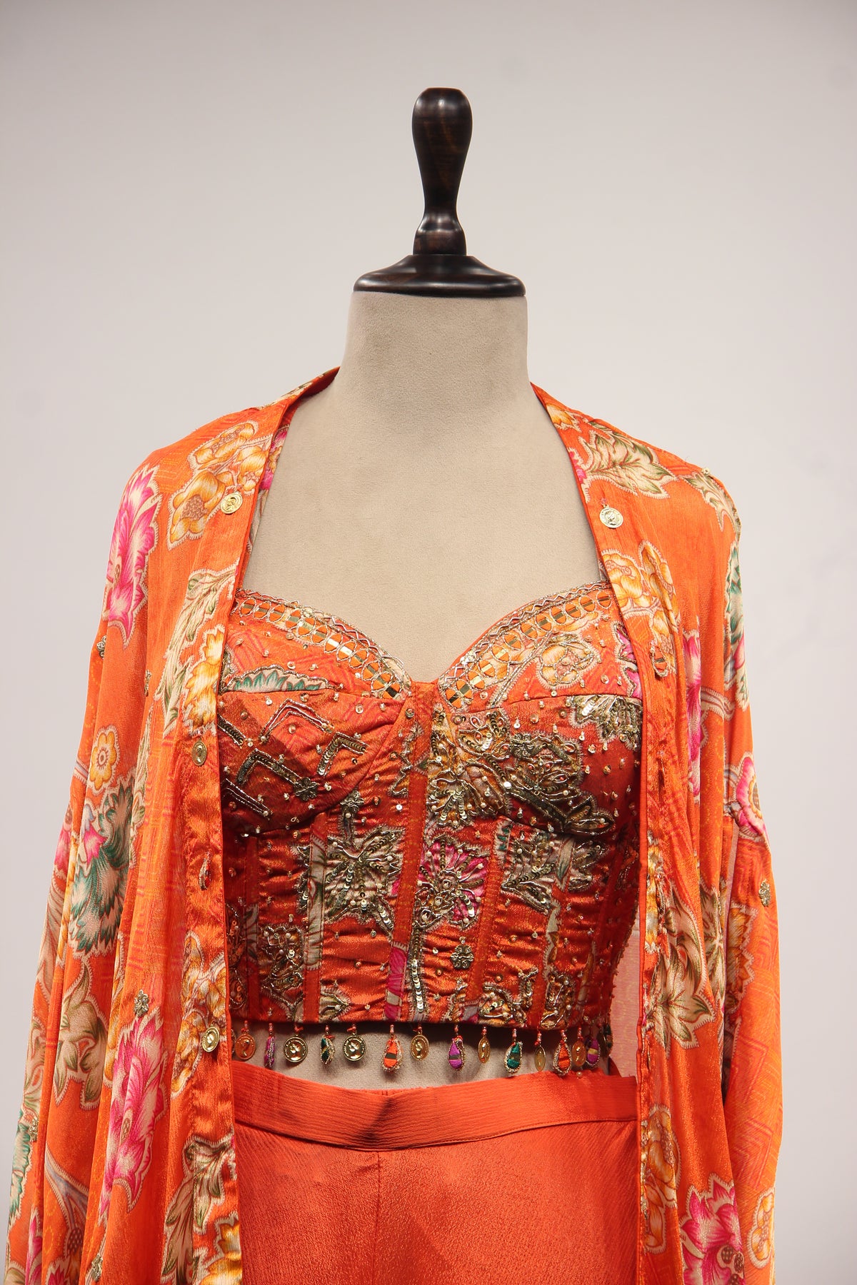 Crepe Rust Indo Western with Printed & Sequin Handwork