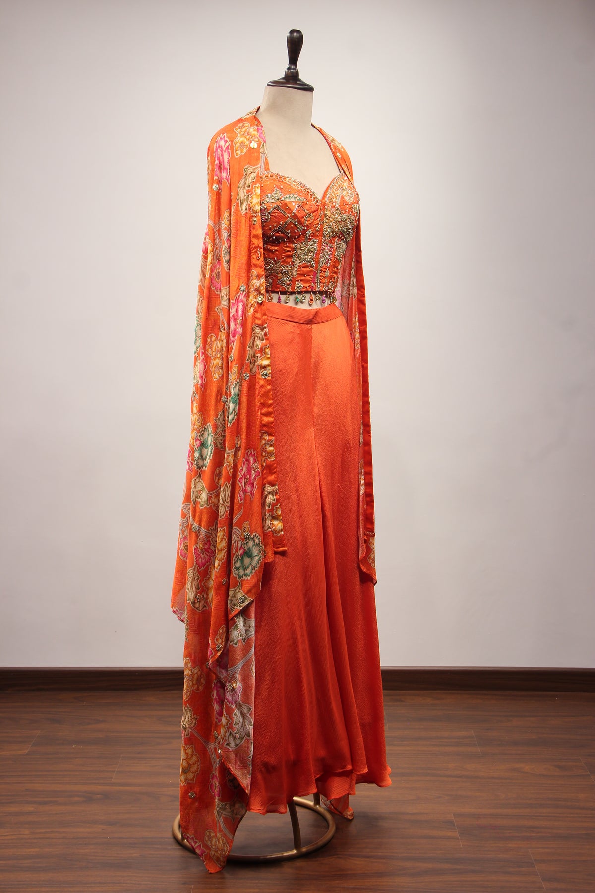 Crepe Rust Indo Western with Printed & Sequin Handwork