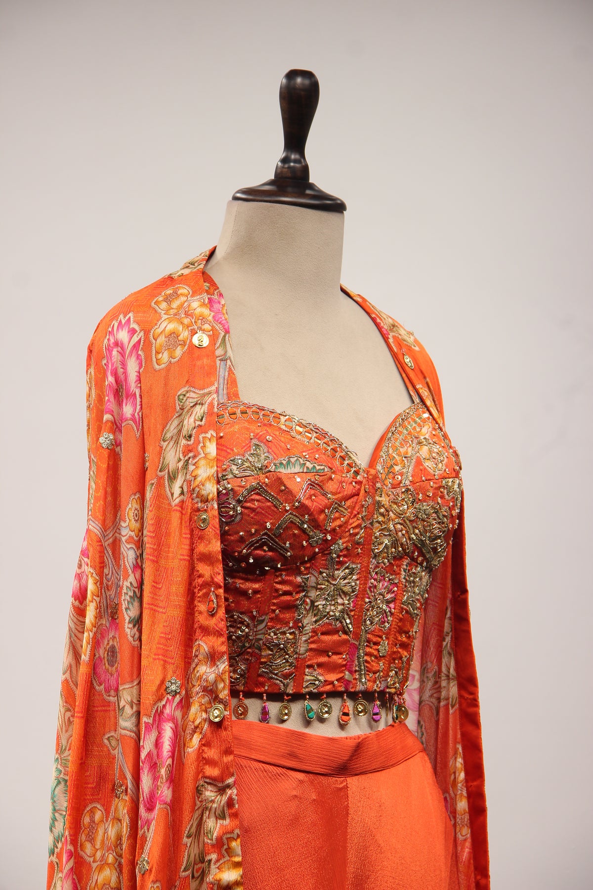 Crepe Rust Indo Western with Printed & Sequin Handwork