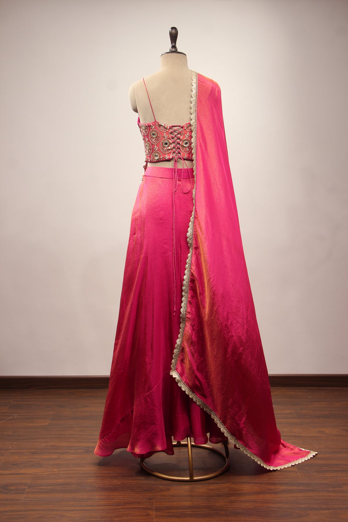 Rani Tissue Indo Western with Mirror & Sequin Handwork Fringe Crop Top – back view