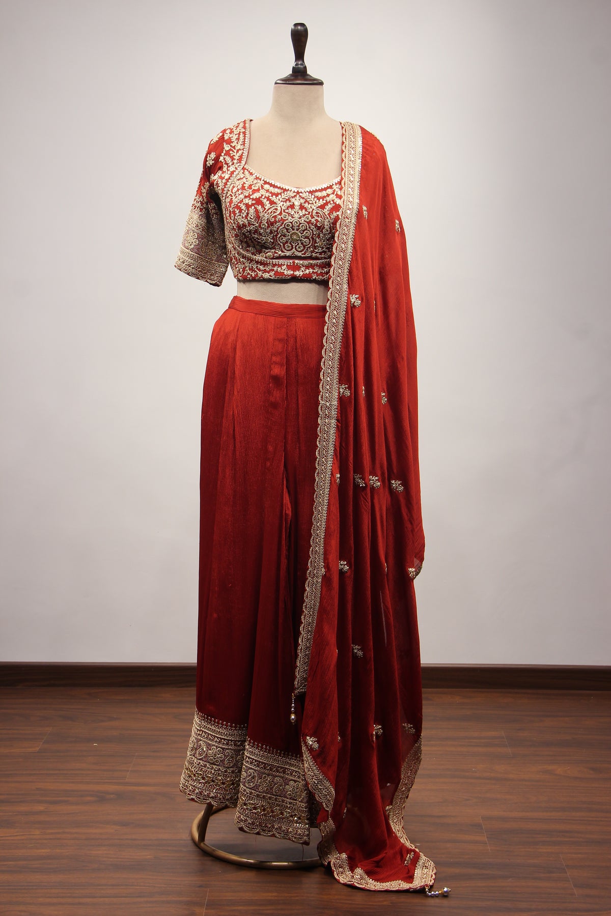 Crepe Rust Crop Top Palazzo Set with Zari & Sequin Handwork