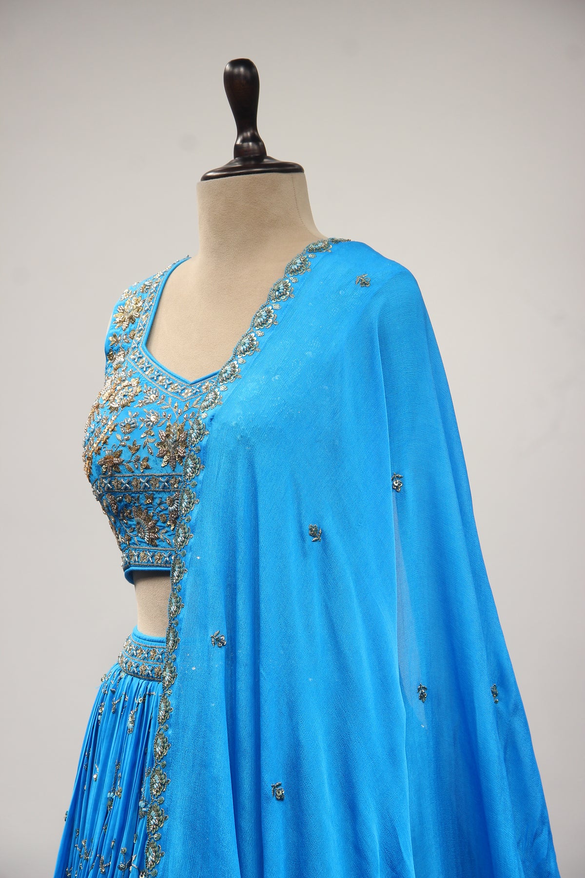 Turquoise Crepe Crop Top Lehenga in Hand Embroidery & Zardozi Handwork – other side close-up