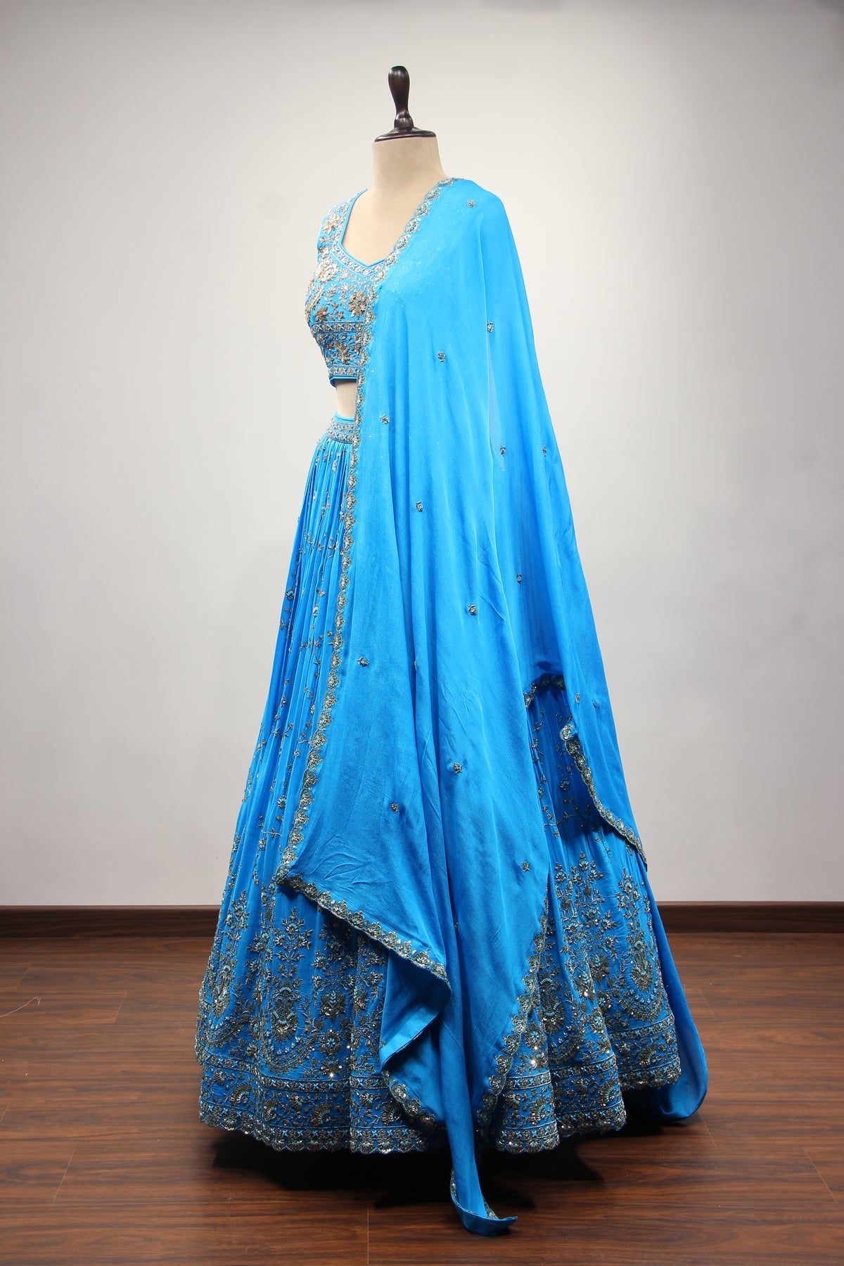 Turquoise Crepe Crop Top Lehenga in Hand Embroidery & Zardozi Handwork – other side view