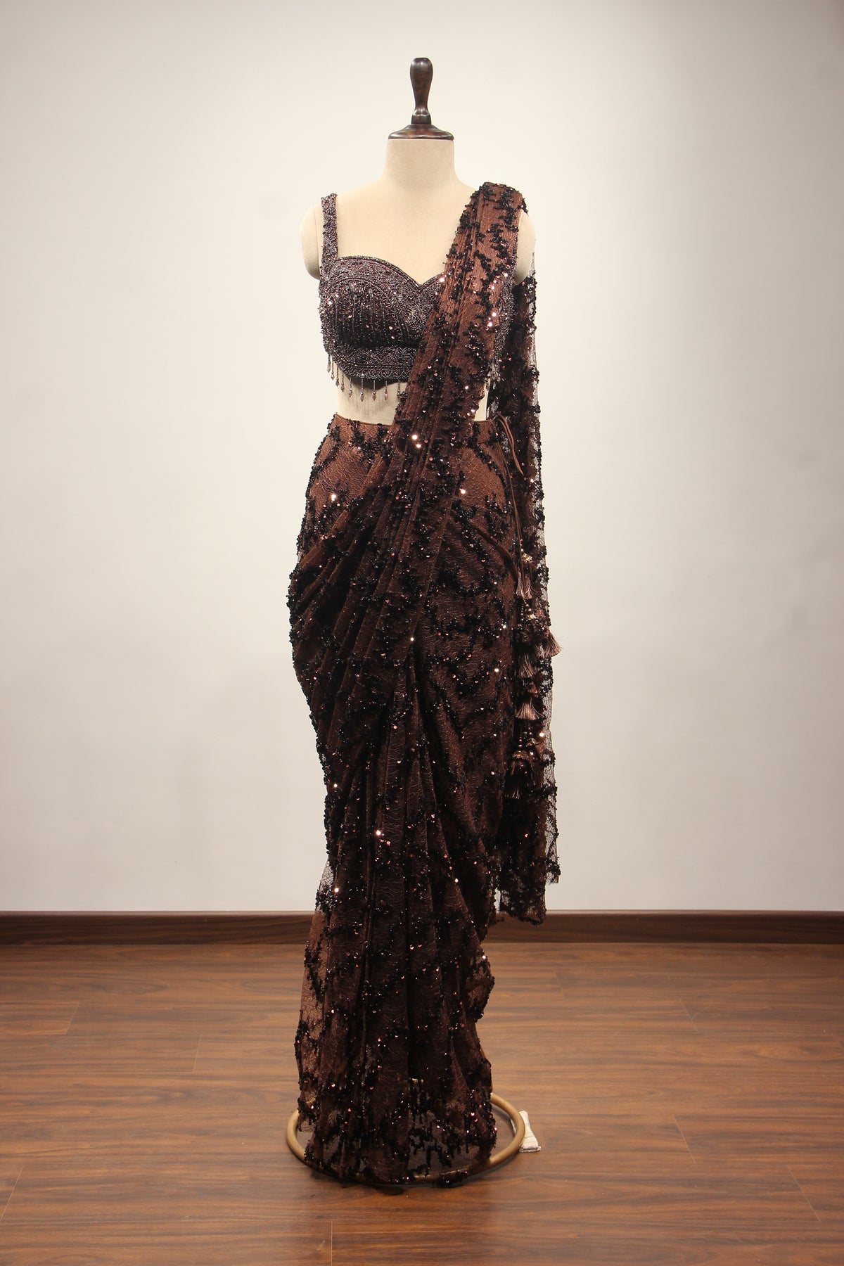 Brown Imported Drape Saree with Bead & Cut Dana Handwork Net Corset – front view