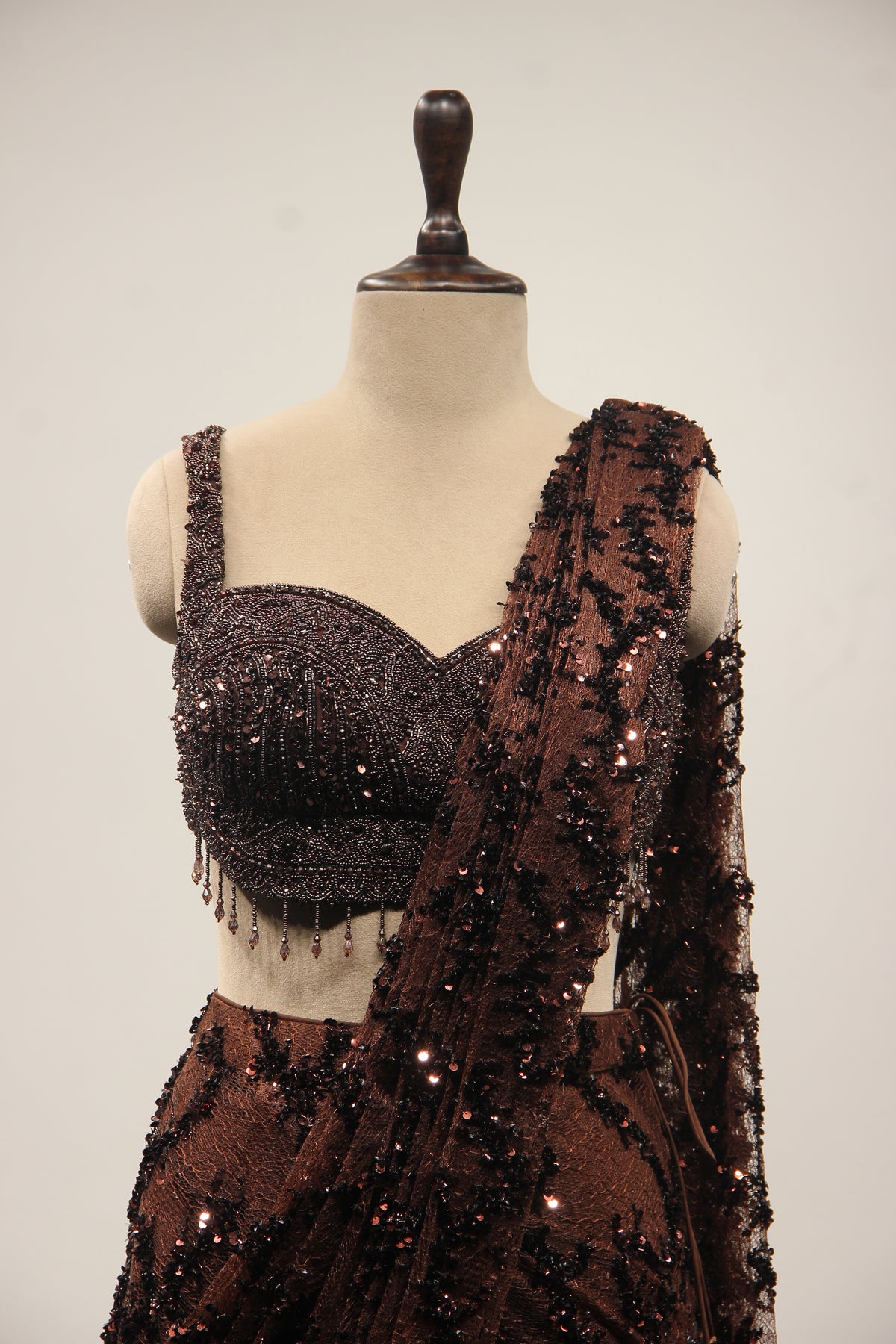 Brown Imported Drape Saree with Bead & Cut Dana Handwork Net Corset – front close-up