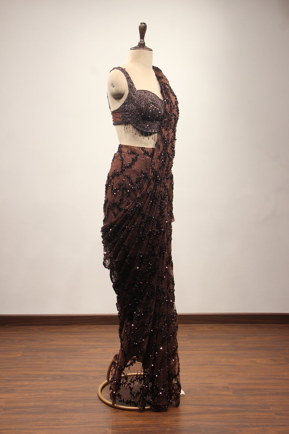Brown Imported Drape Saree with Bead & Cut Dana Handwork Net Corset – side view