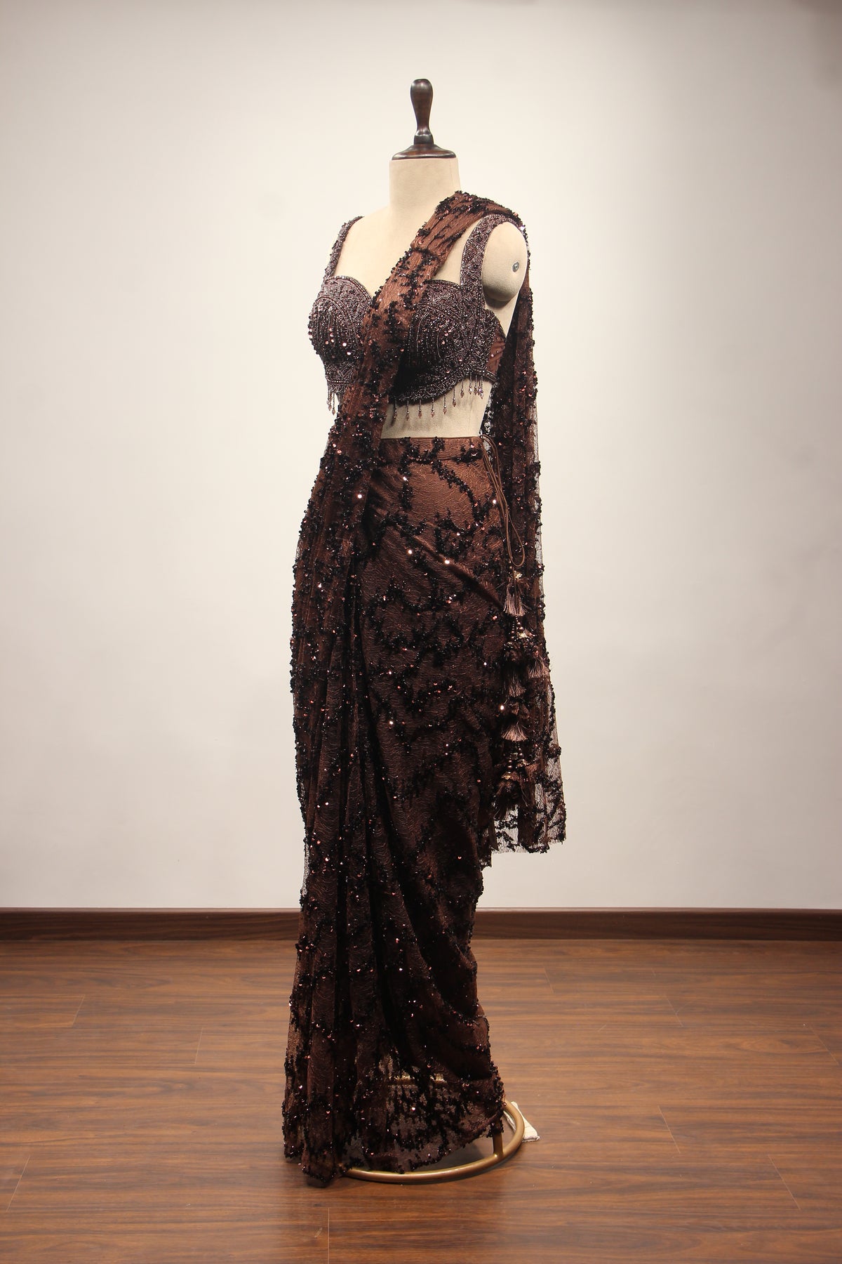 Brown Imported Drape Saree with Bead & Cut Dana Handwork Net Corset – other side view