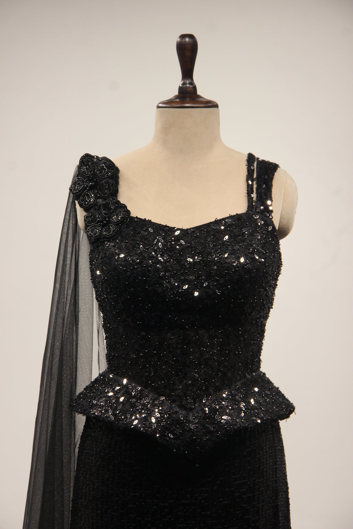 Black Imported Indo Western Skirt Set with Sequin & Bead Handwork – front close-up