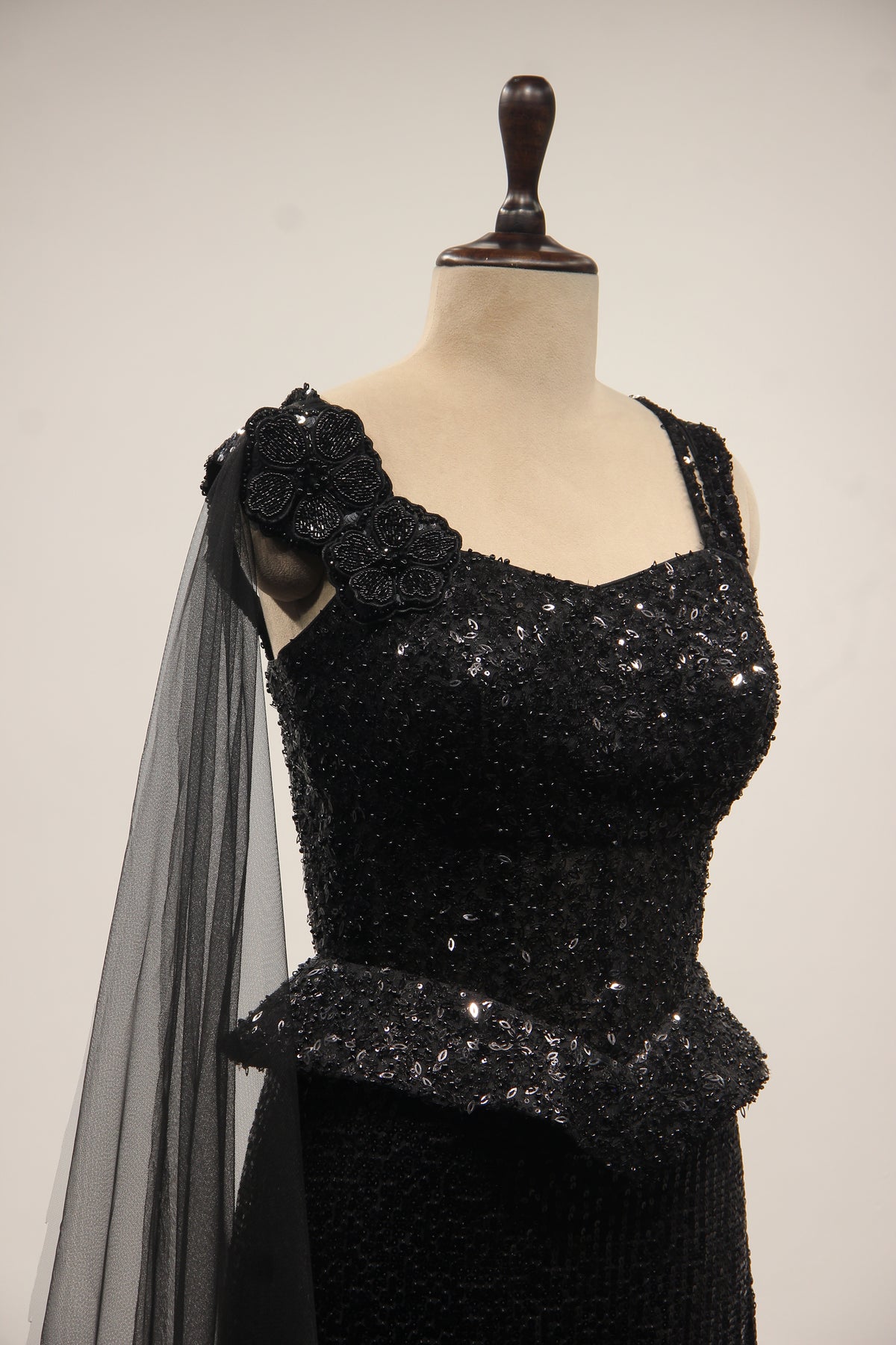 Black Imported Indo Western Skirt Set with Sequin & Bead Handwork – other side close-up