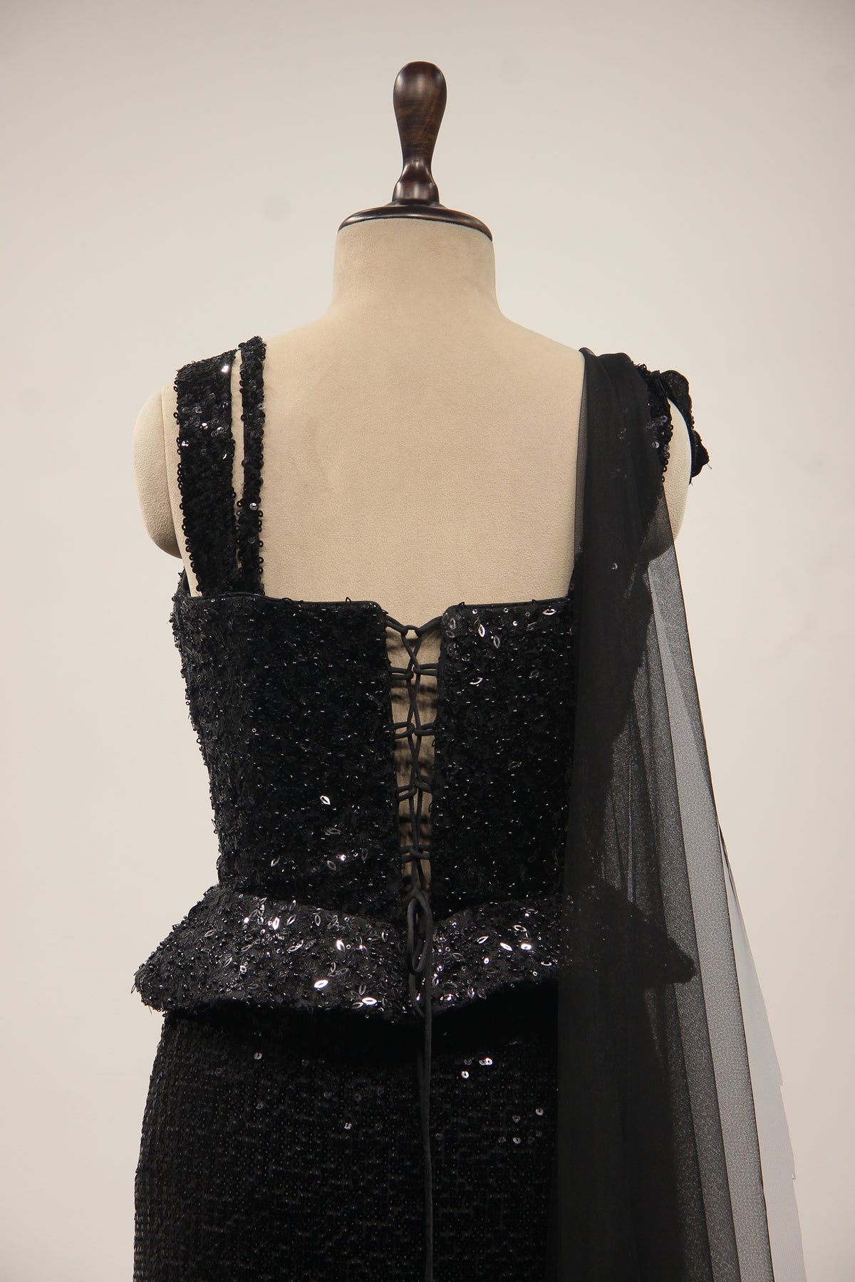 Black Imported Indo Western Skirt Set with Sequin & Bead Handwork – back close-up