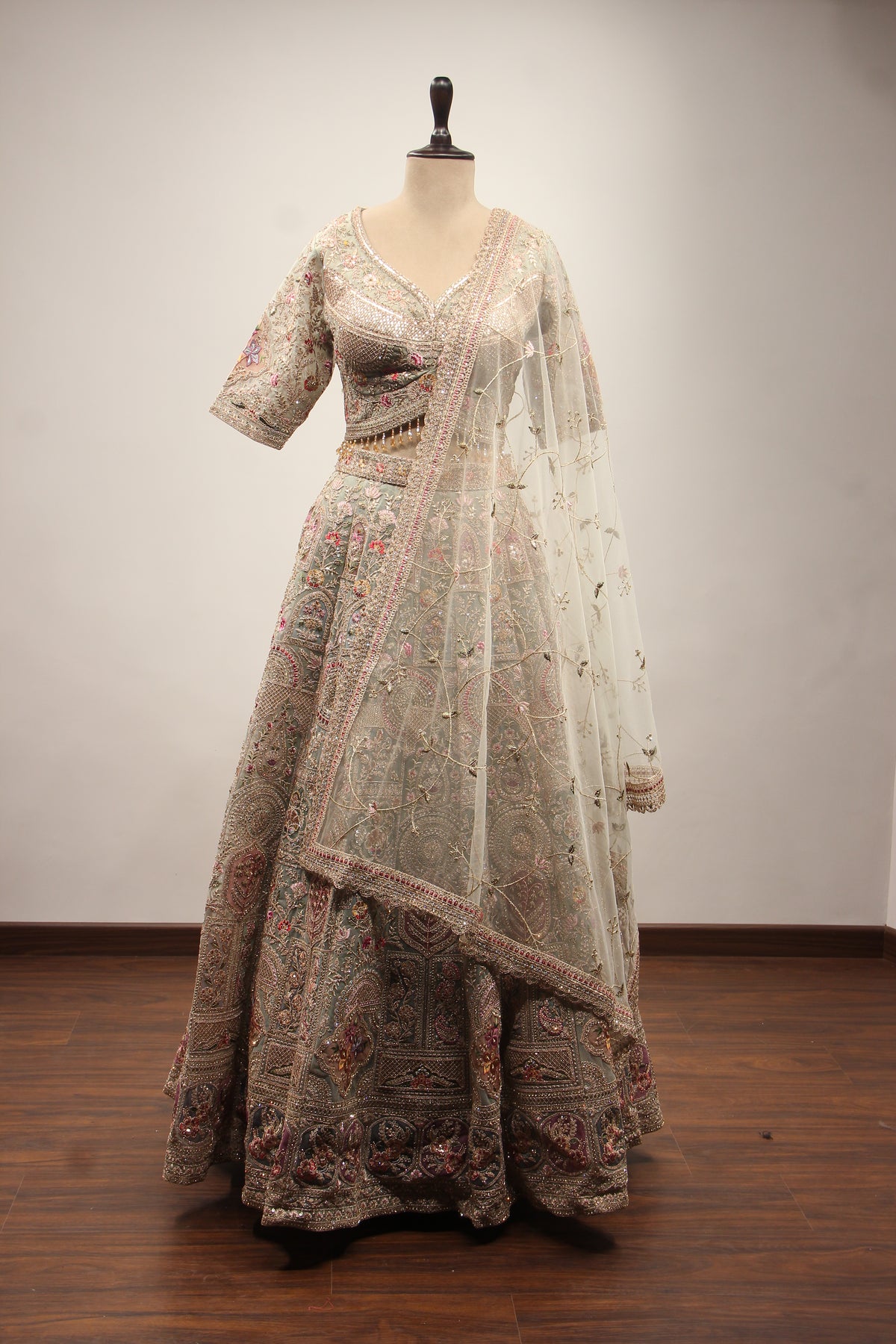 Sage Net Lehenga Crop Top with Floral Resham & Sequin Handwork – front view
