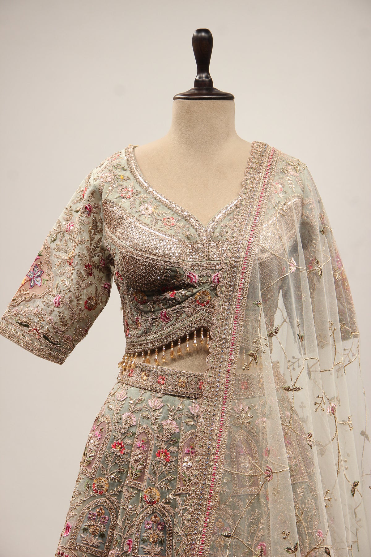 Sage Net Lehenga Crop Top with Floral Resham & Sequin Handwork – front close-up
