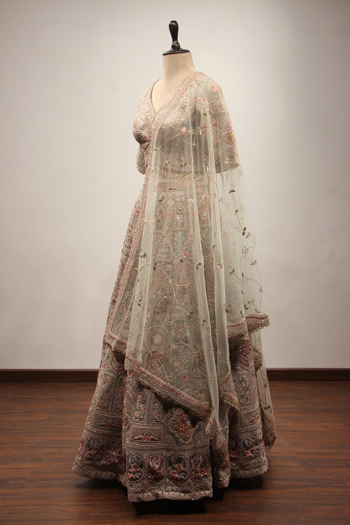 Sage Net Lehenga Crop Top with Floral Resham & Sequin Handwork – side view