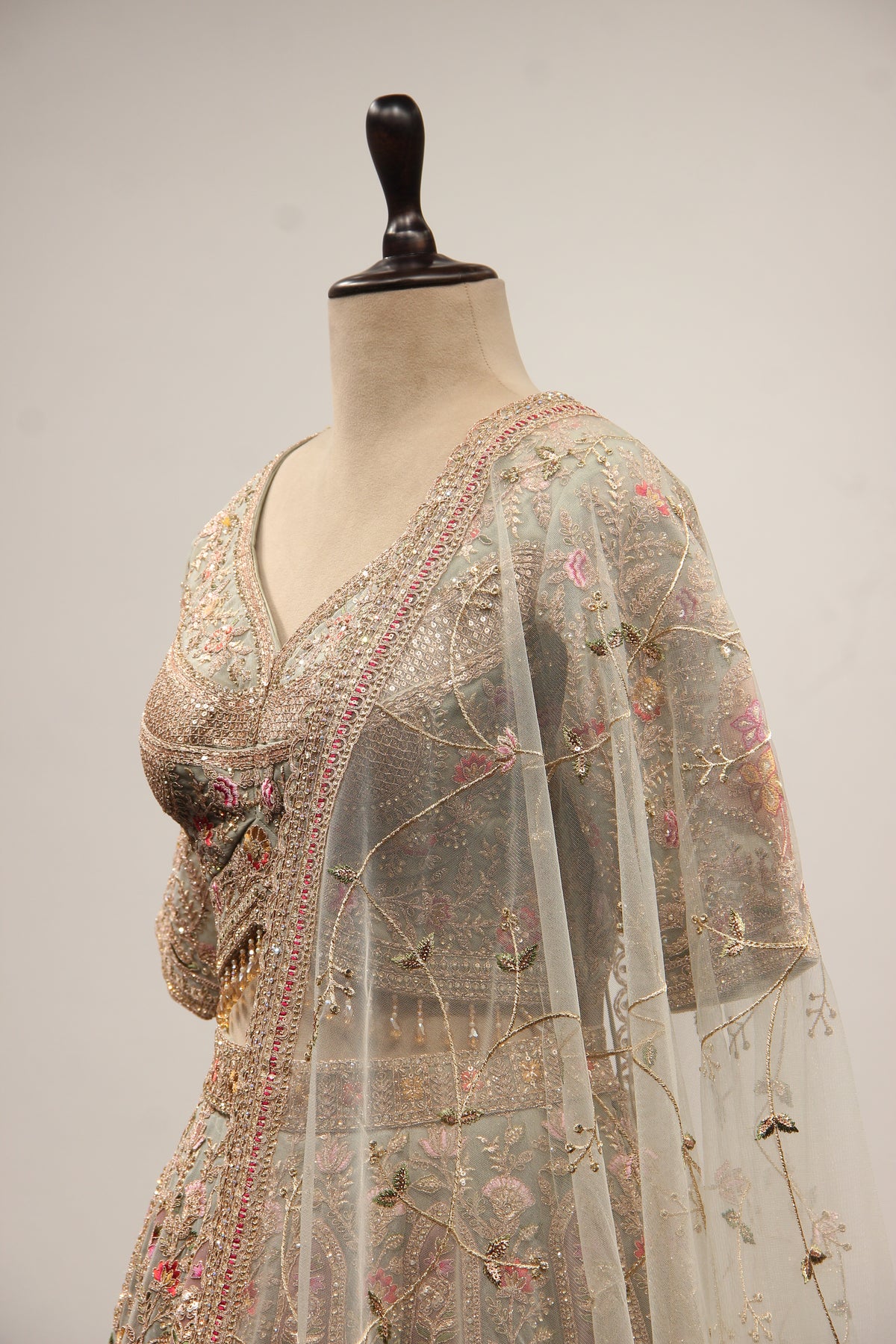 Sage Net Lehenga Crop Top with Floral Resham & Sequin Handwork – side close-up