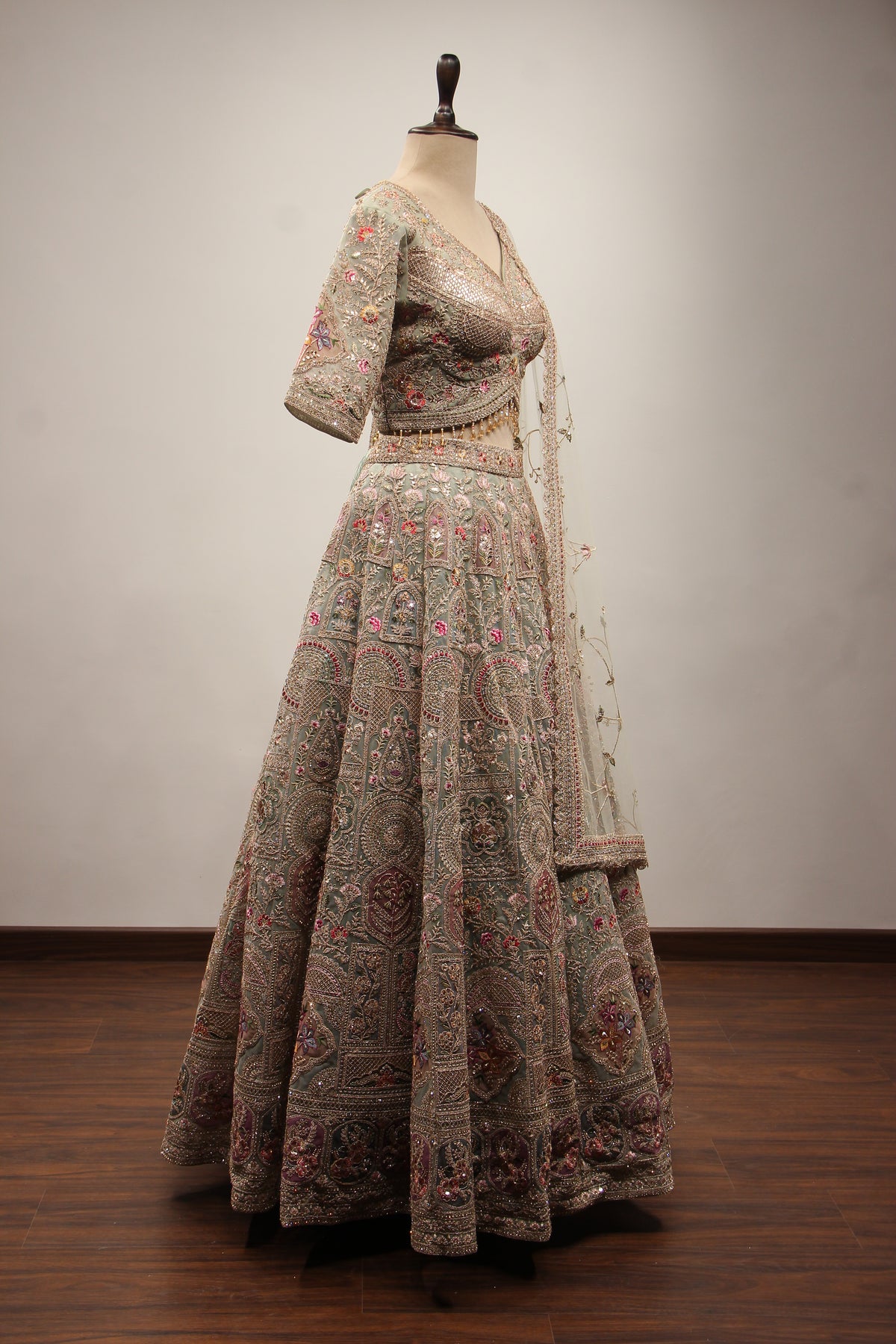 Sage Net Lehenga Crop Top with Floral Resham & Sequin Handwork – other side view