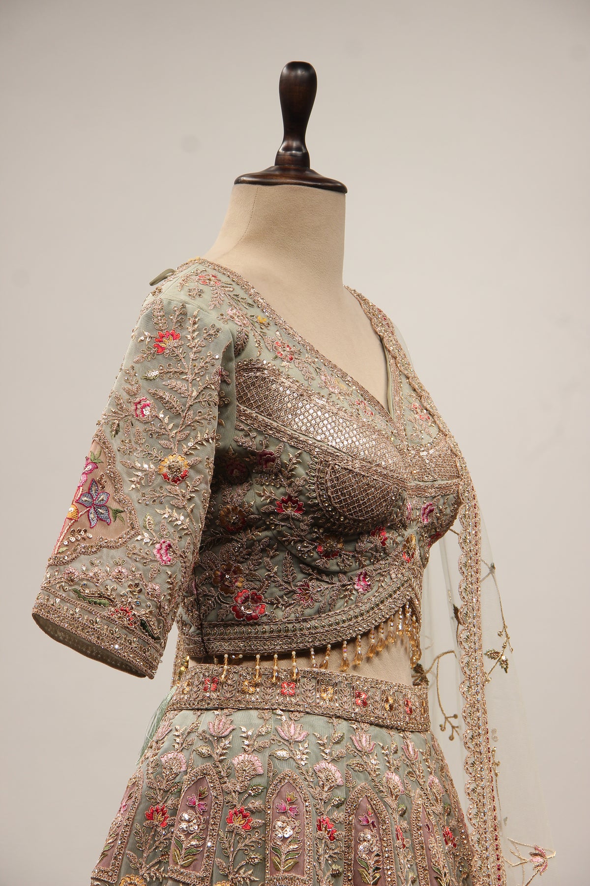 Sage Net Lehenga Crop Top with Floral Resham & Sequin Handwork – other side close-up