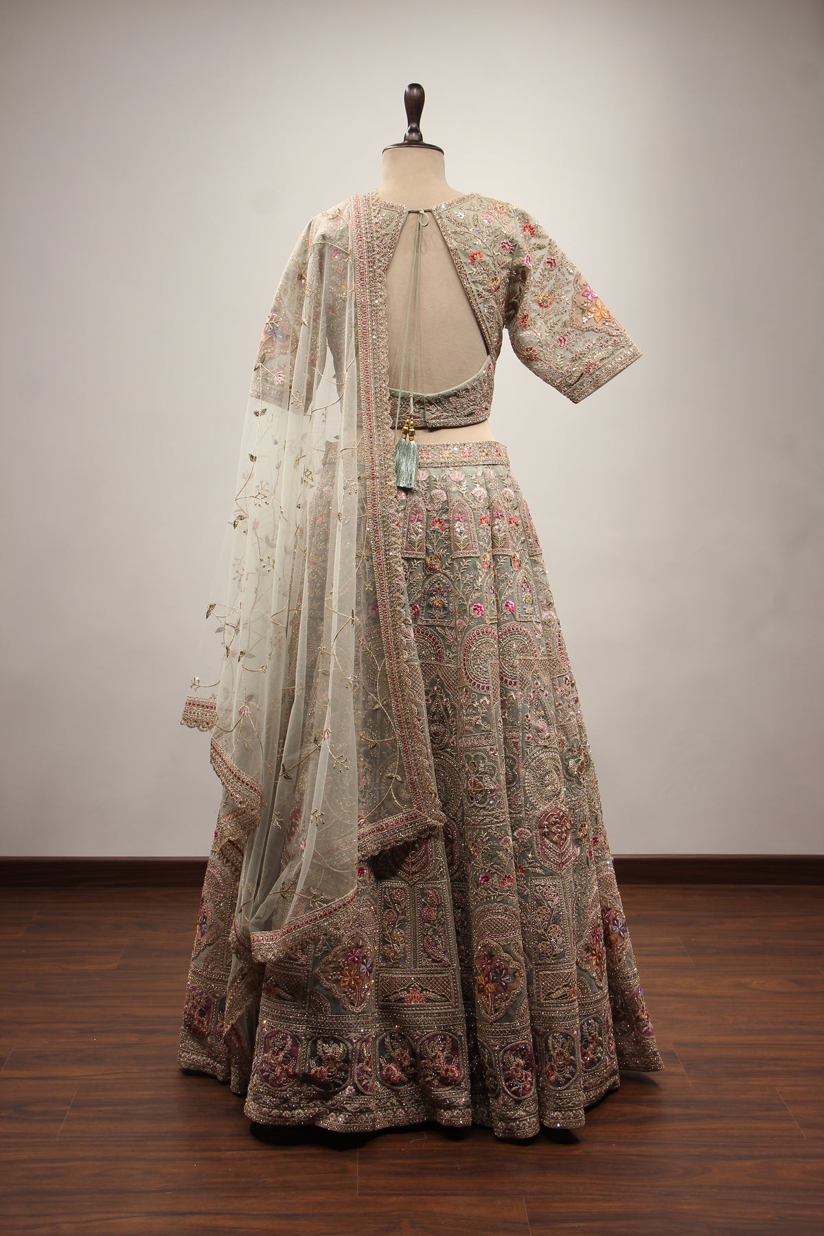 Sage Net Lehenga Crop Top with Floral Resham & Sequin Handwork – back view