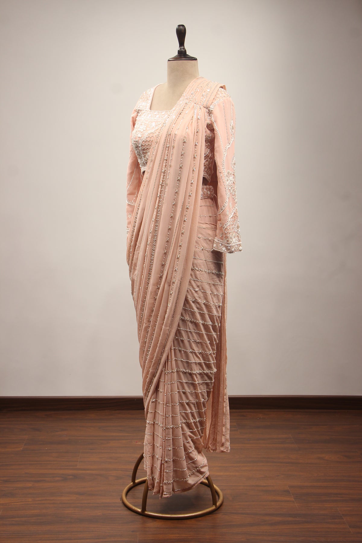 Georgette Drape Saree with Cut Dana & Bead Handwork Full Sleeve Blouse in Pink – side view