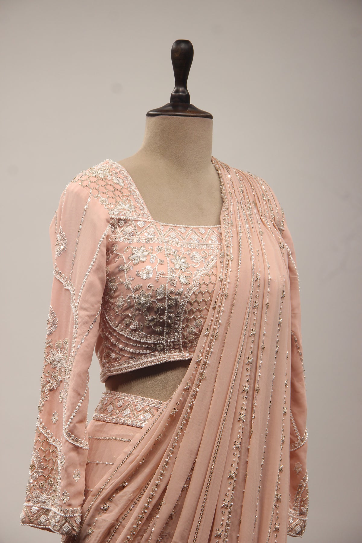 Georgette Drape Saree with Cut Dana & Bead Handwork Full Sleeve Blouse in Pink – other side close-up