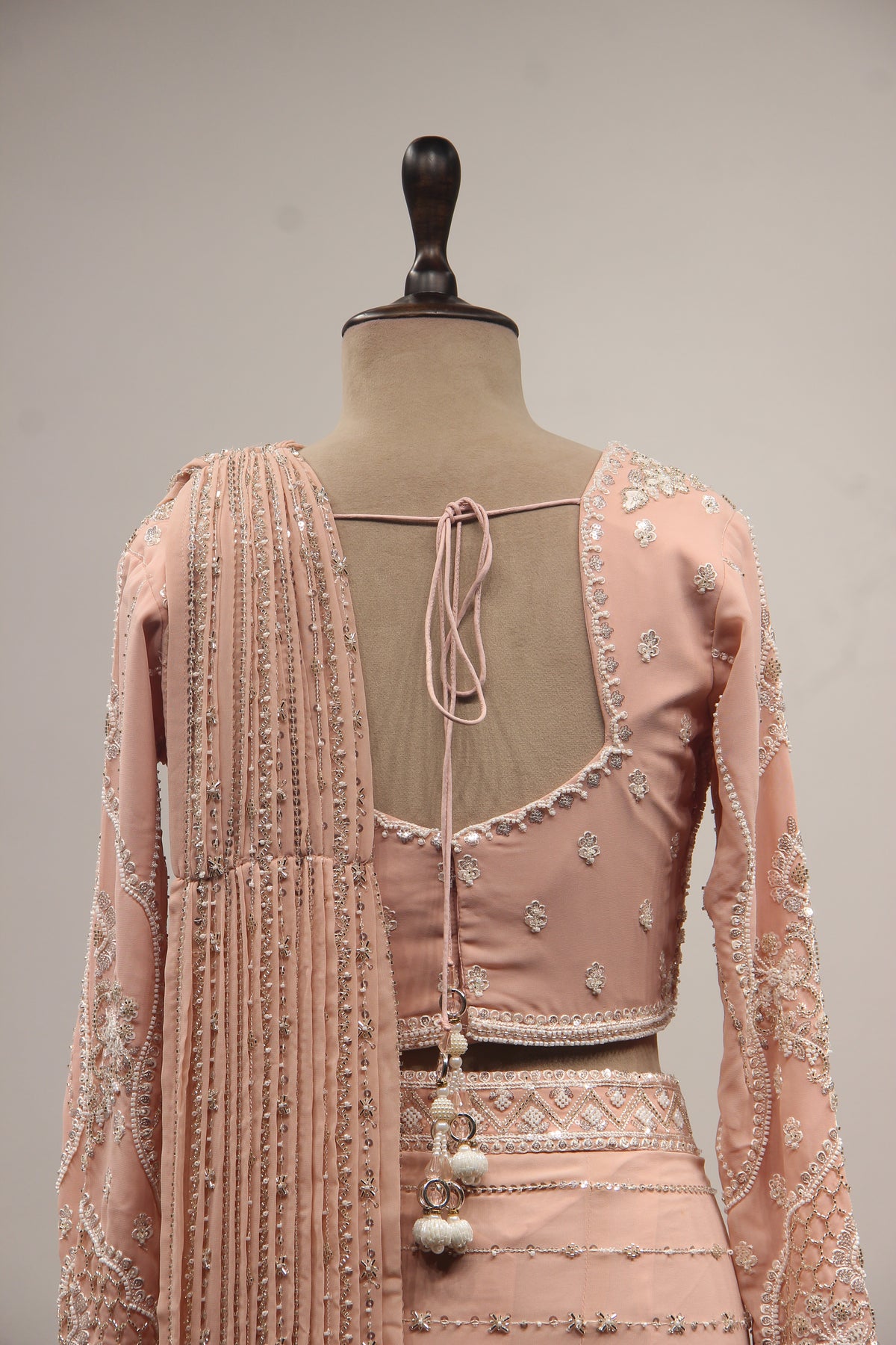 Georgette Drape Saree with Cut Dana & Bead Handwork Full Sleeve Blouse in Pink – back close-up