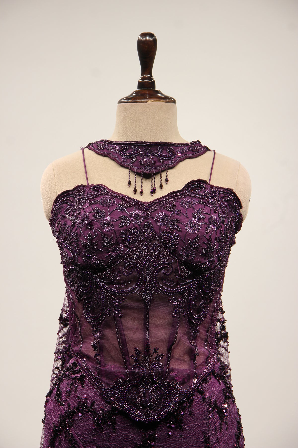 Wine Imported Mermaid Lehenga with Cut Dana & Bead Handwork Corset – front close-up