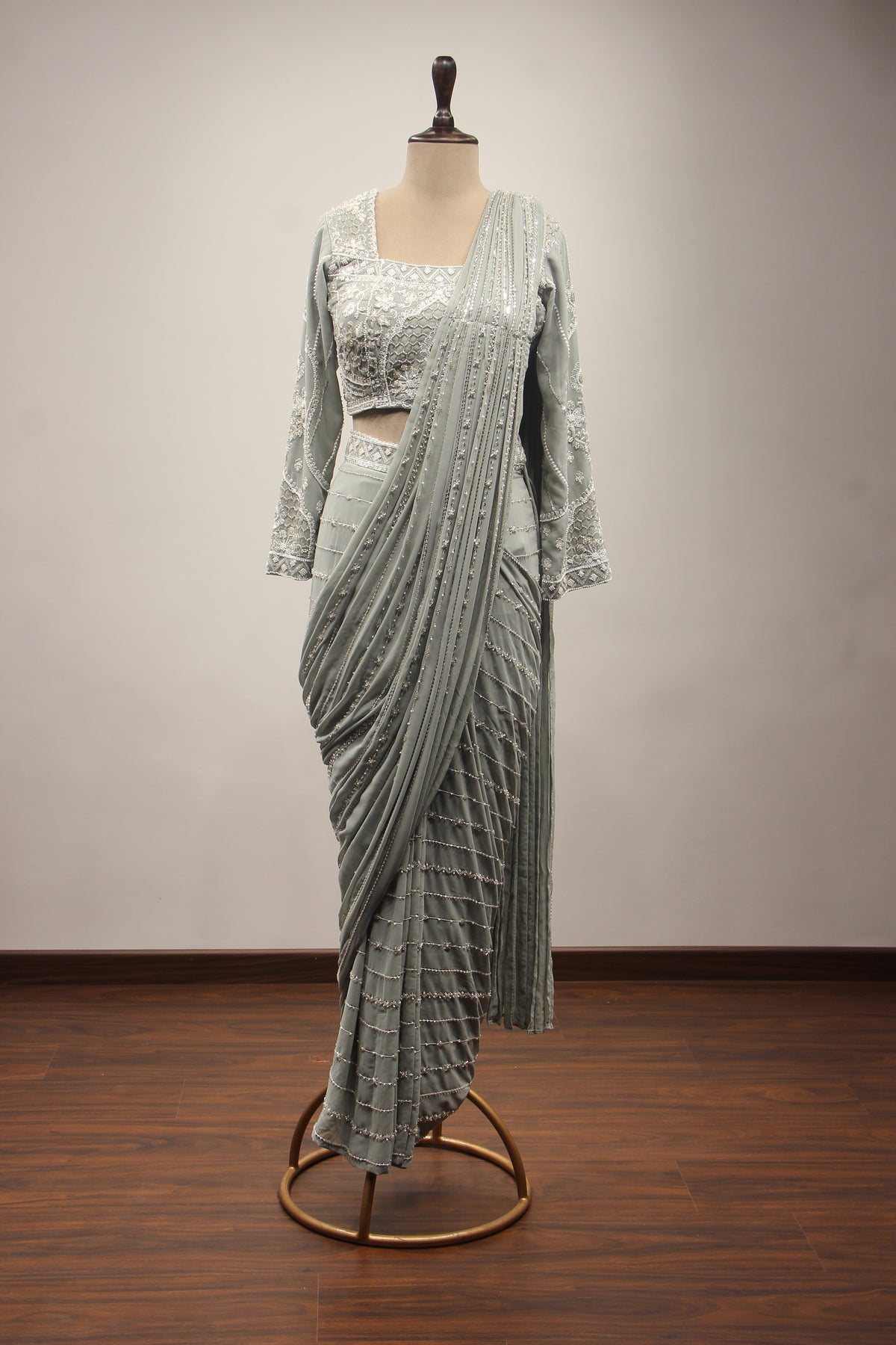 Georgette Drape Saree with Cut Dana & Bead Handwork Full Sleeve Blouse in Grey – front view