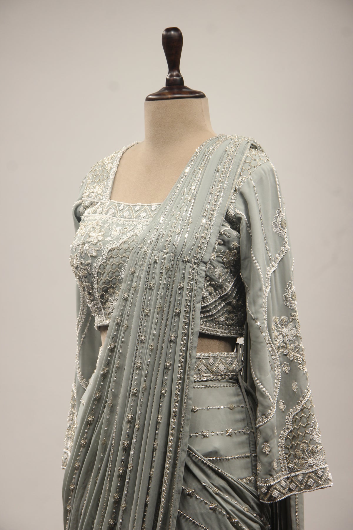 Georgette Drape Saree with Cut Dana & Bead Handwork Full Sleeve Blouse in Grey – side close-up