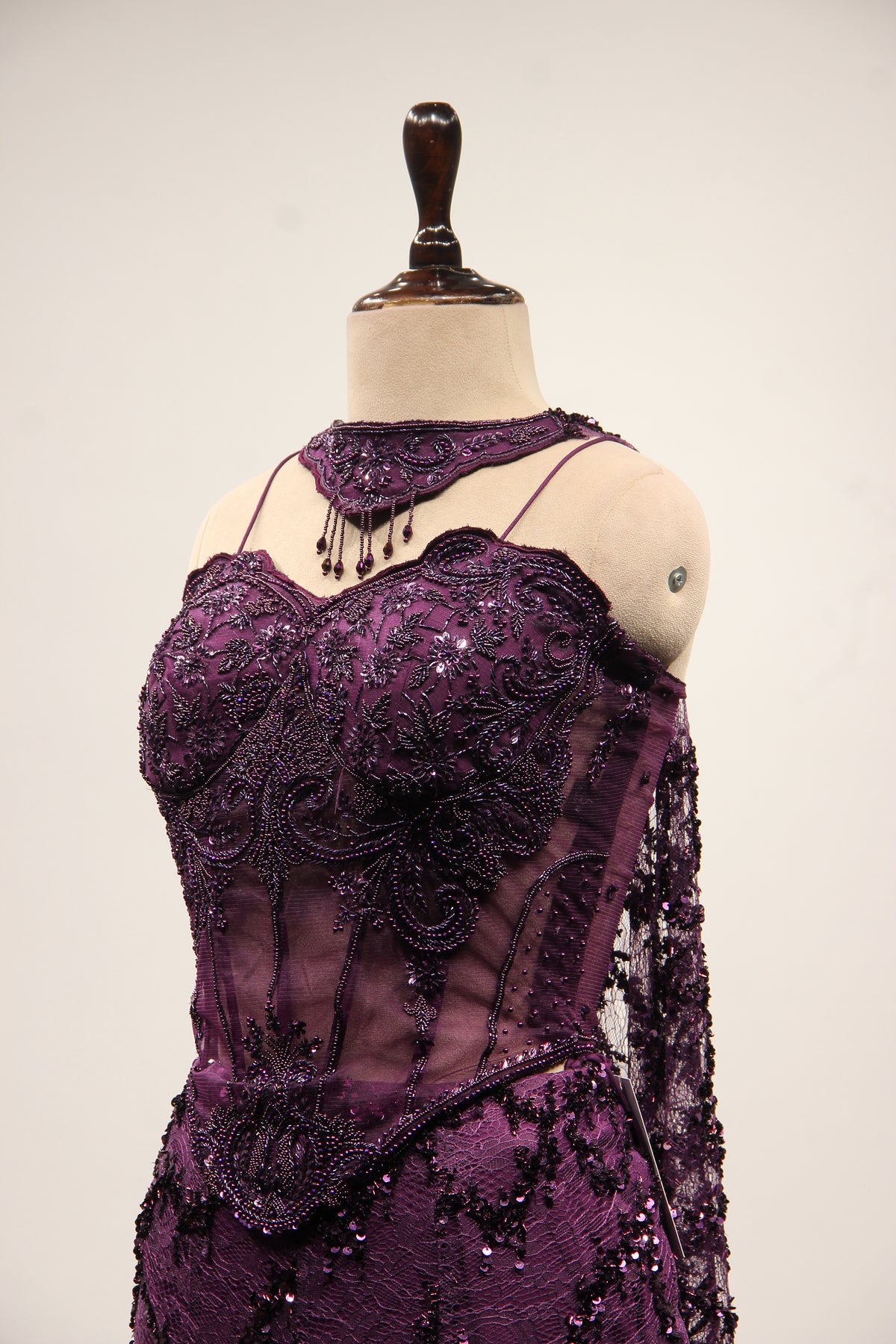 Wine Imported Mermaid Lehenga with Cut Dana & Bead Handwork Corset – side close-up