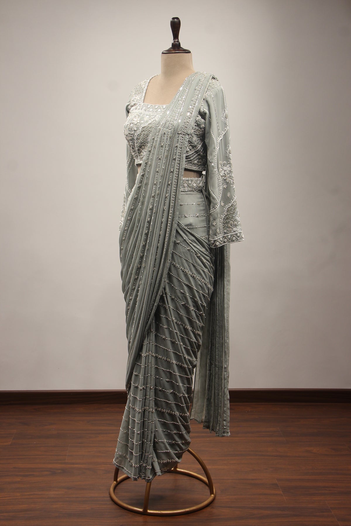 Georgette Drape Saree with Cut Dana & Bead Handwork Full Sleeve Blouse in Grey – side view