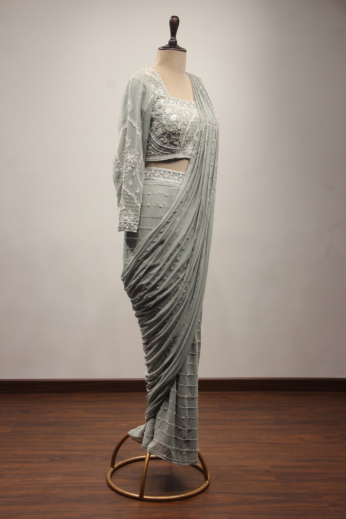 Georgette Drape Saree with Cut Dana & Bead Handwork Full Sleeve Blouse in Grey – other side view