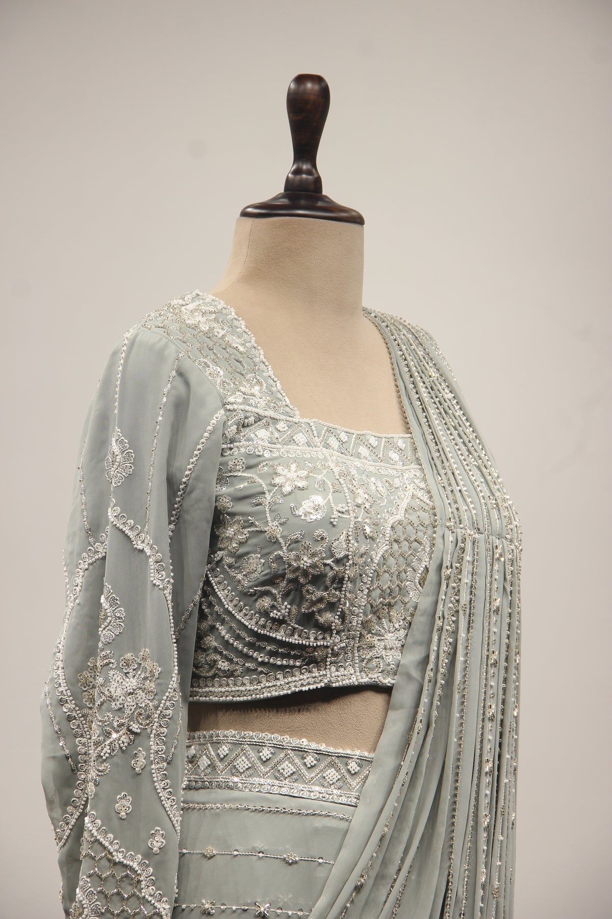 Georgette Drape Saree with Cut Dana & Bead Handwork Full Sleeve Blouse in Grey – other side close-up