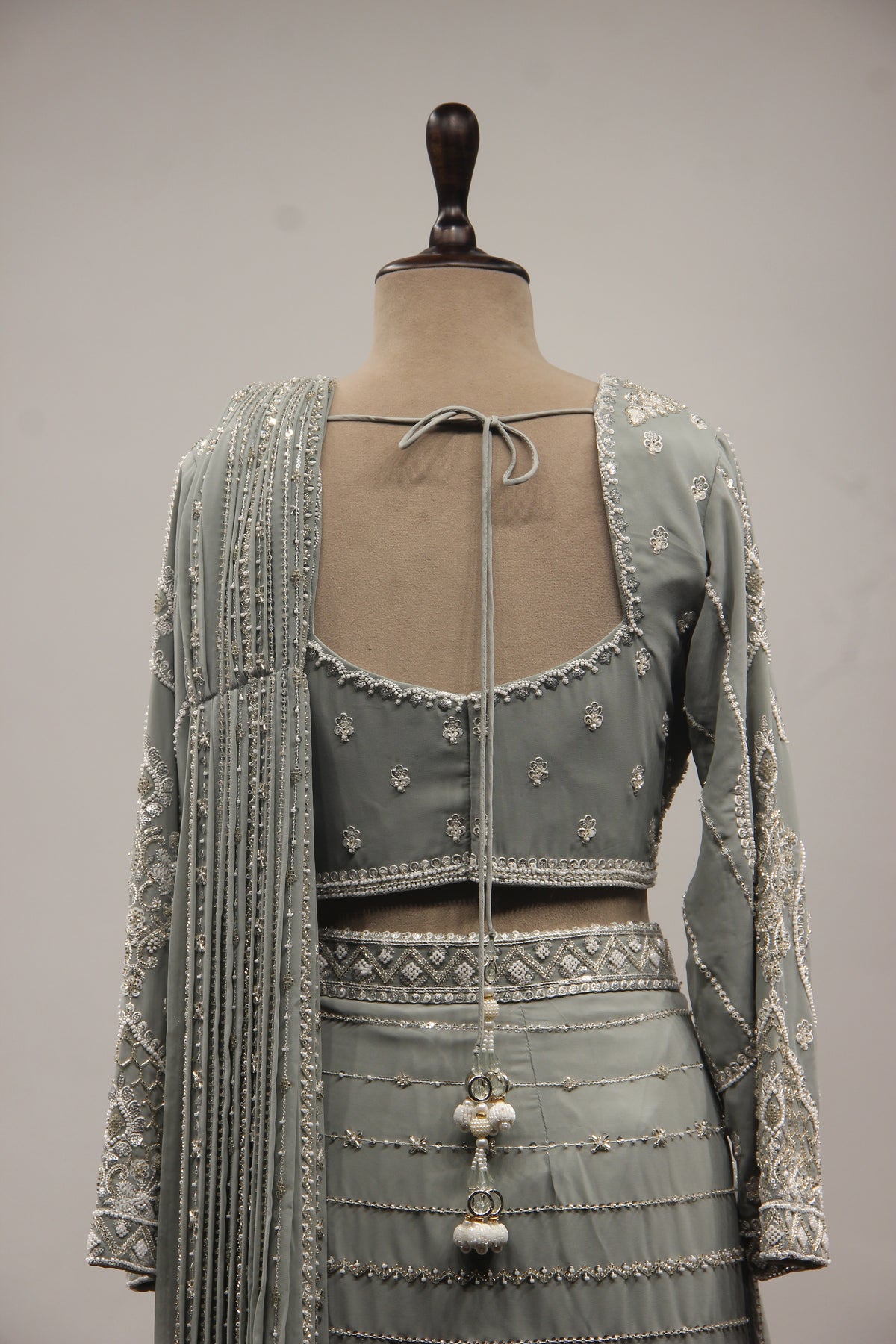 Georgette Drape Saree with Cut Dana & Bead Handwork Full Sleeve Blouse in Grey – back close-up