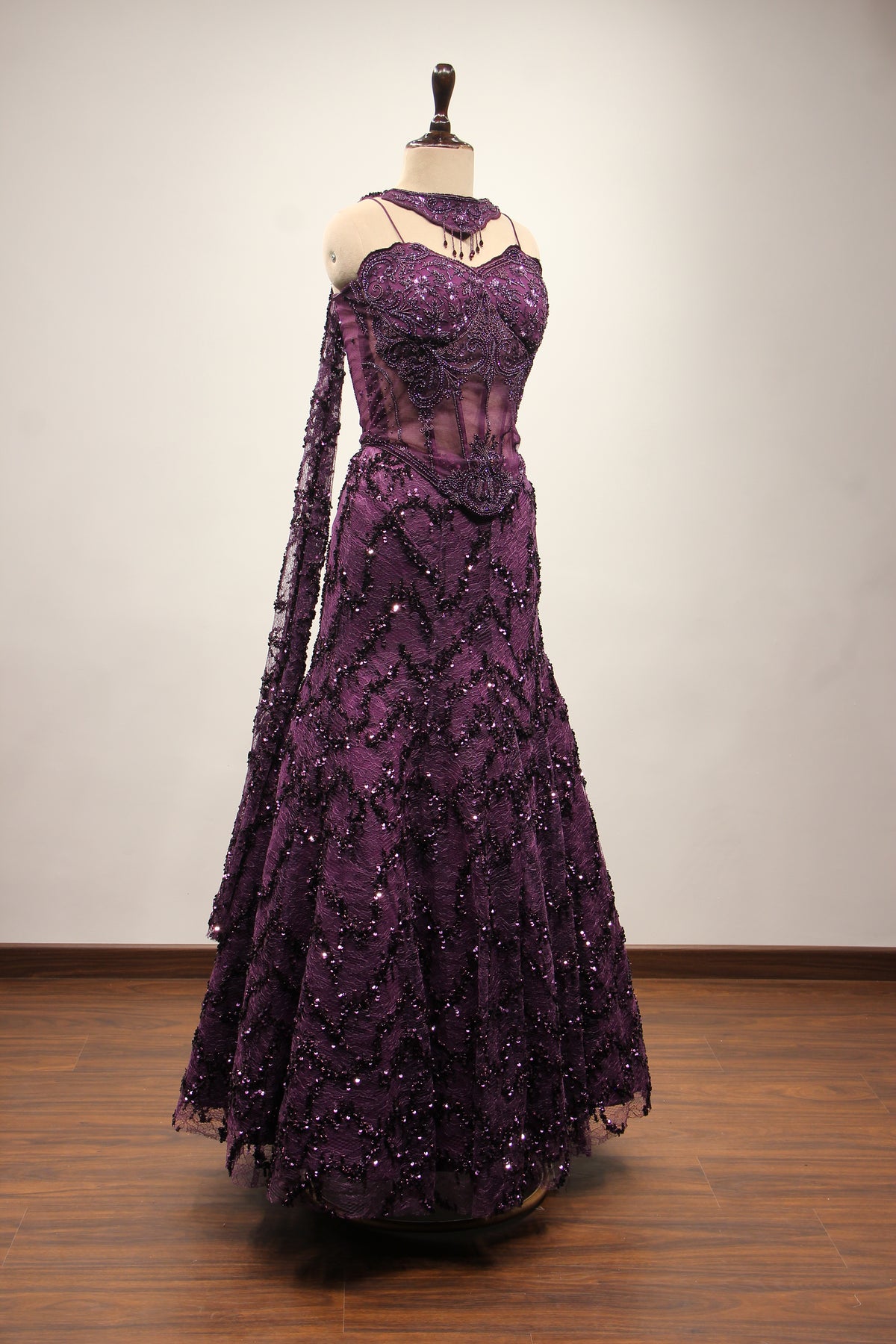 Wine Imported Mermaid Lehenga with Cut Dana & Bead Handwork Corset – other side view