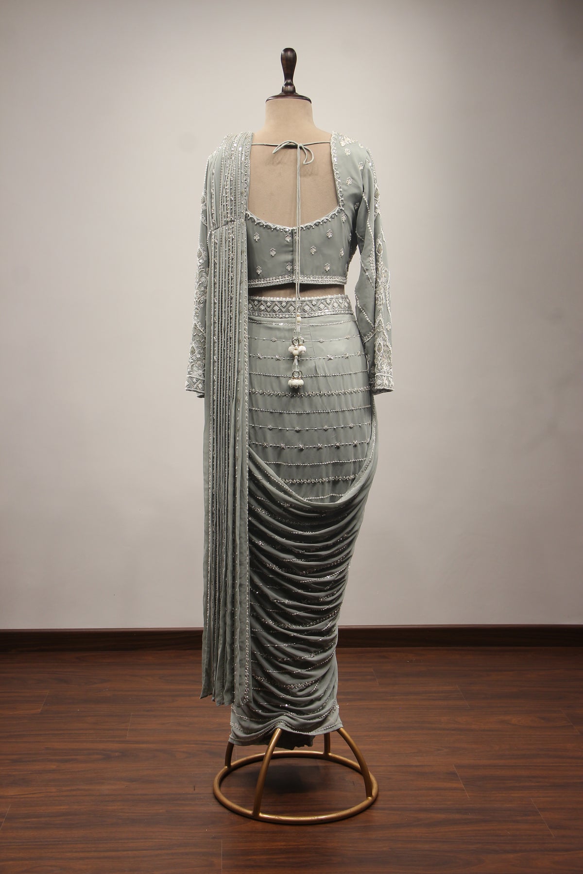 Georgette Drape Saree with Cut Dana & Bead Handwork Full Sleeve Blouse in Grey – back view