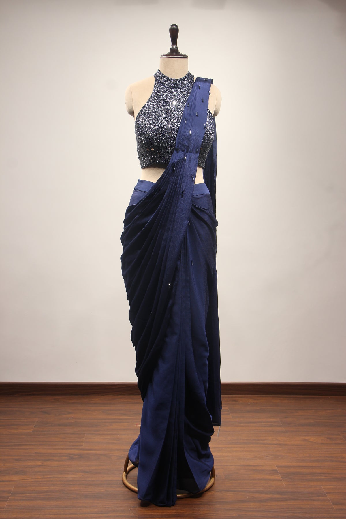 Navy Blue Crepe Halter Drape Saree with Mirror & Cut Dana Handwork – front view