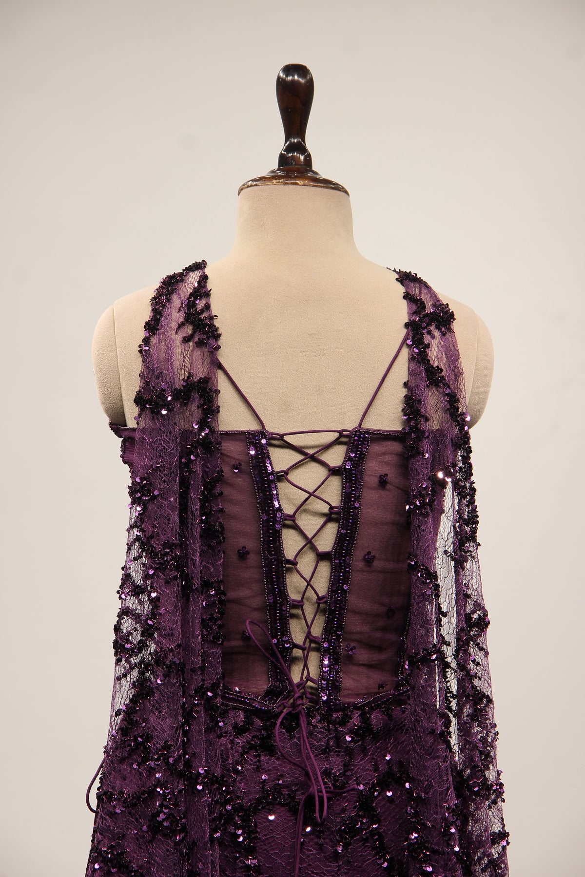 Wine Imported Mermaid Lehenga with Cut Dana & Bead Handwork Corset – back close-up