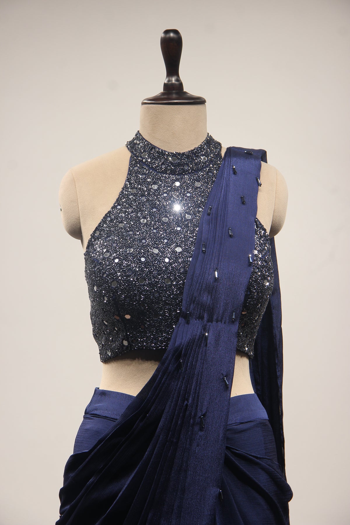 Navy Blue Crepe Halter Drape Saree with Mirror & Cut Dana Handwork – front close-up