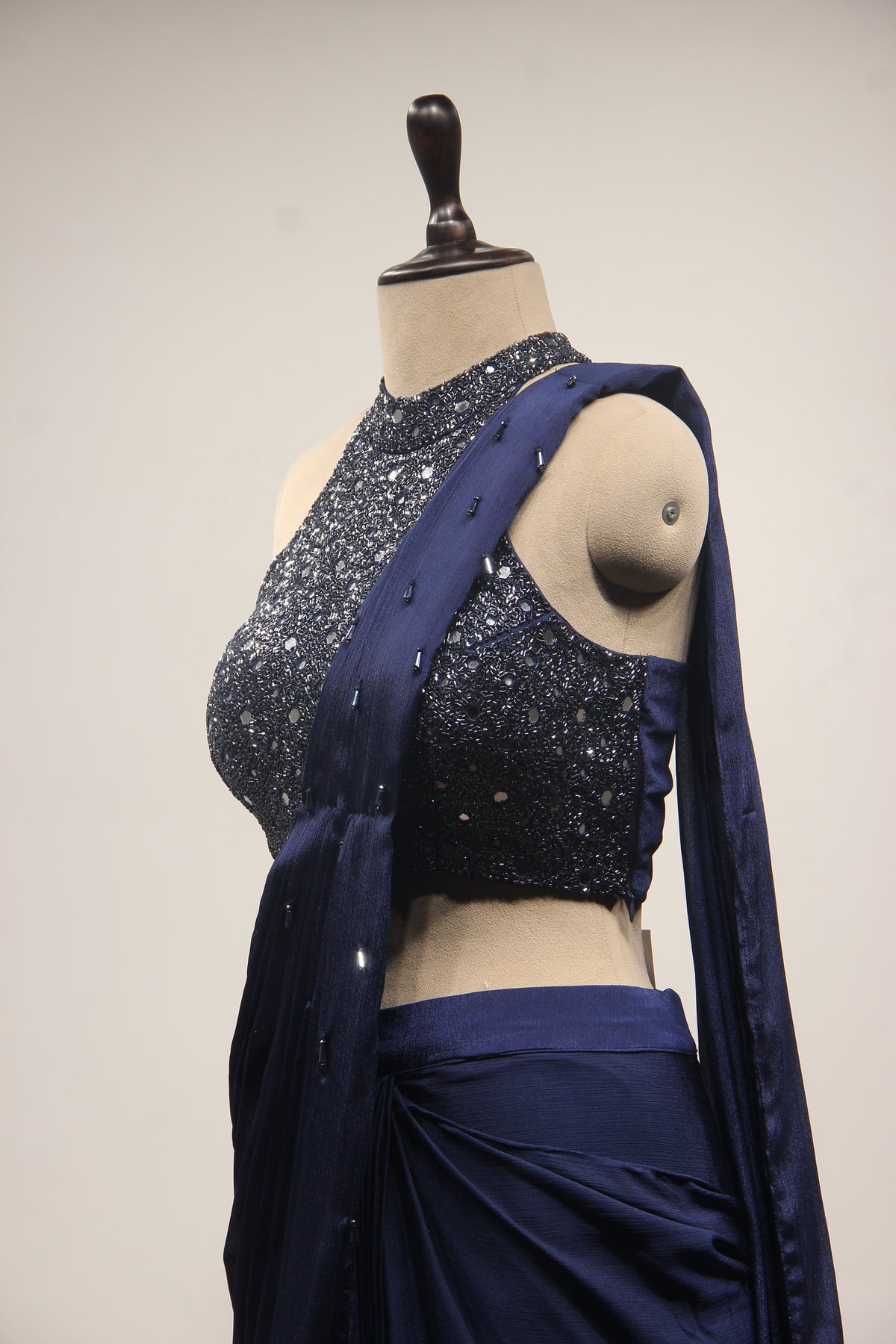 Navy Blue Crepe Halter Drape Saree with Mirror & Cut Dana Handwork – side close-up
