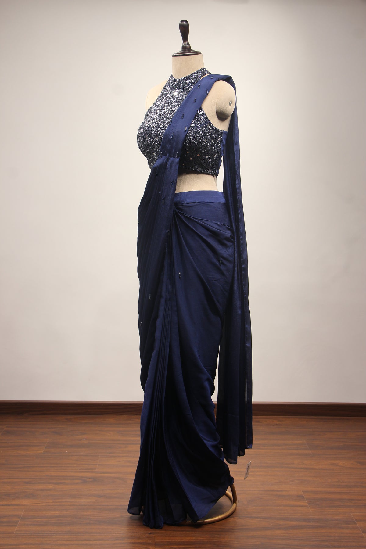 Navy Blue Crepe Halter Drape Saree with Mirror & Cut Dana Handwork – side view