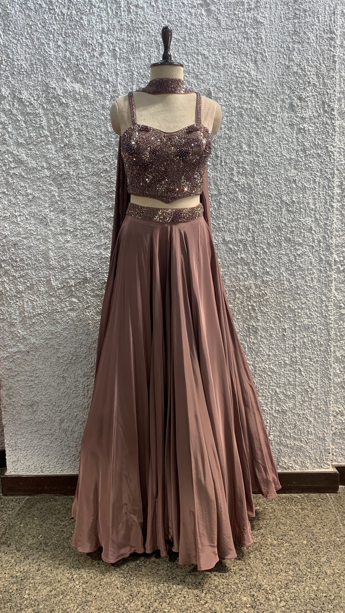Sequin & Cut Dana Embellished Crepe Corset Lehenga with Choker Dupatta