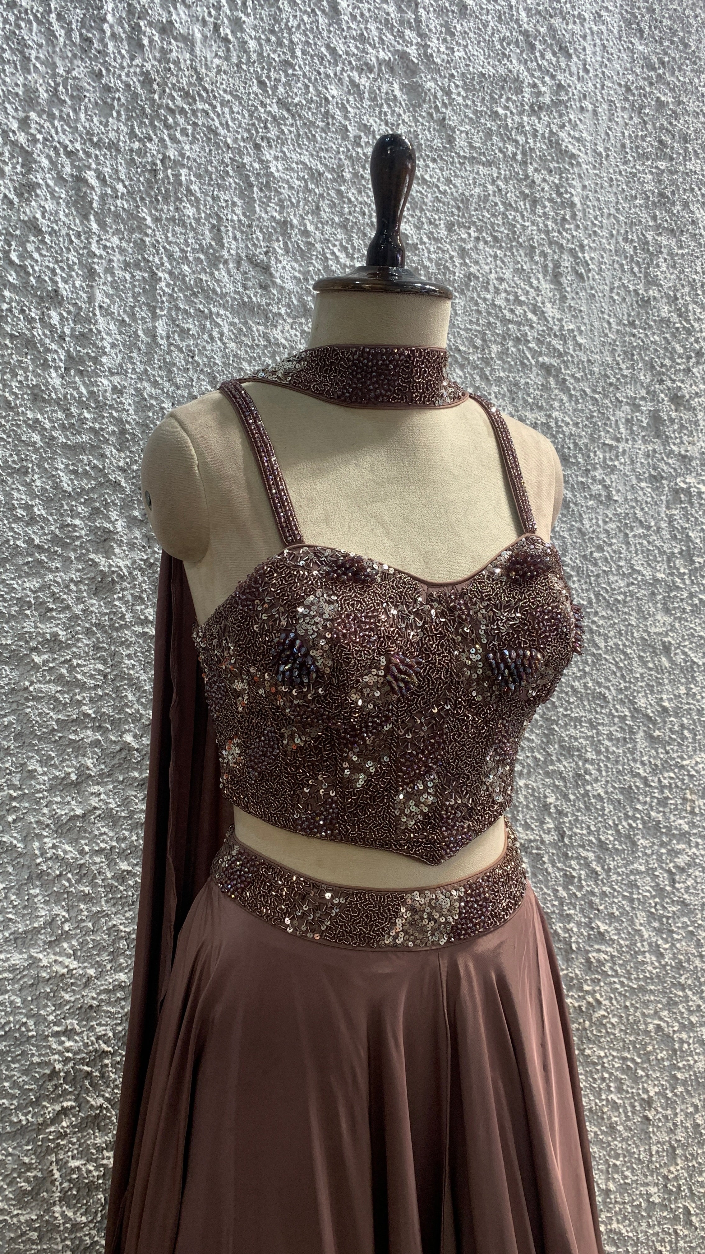 Sequin & Cut Dana Embellished Crepe Corset Lehenga with Choker Dupatta