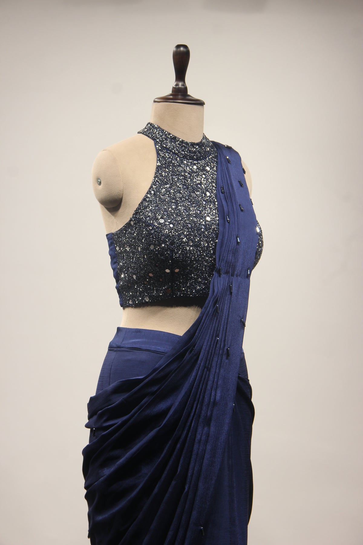 Navy Blue Crepe Halter Drape Saree with Mirror & Cut Dana Handwork – other side close-up