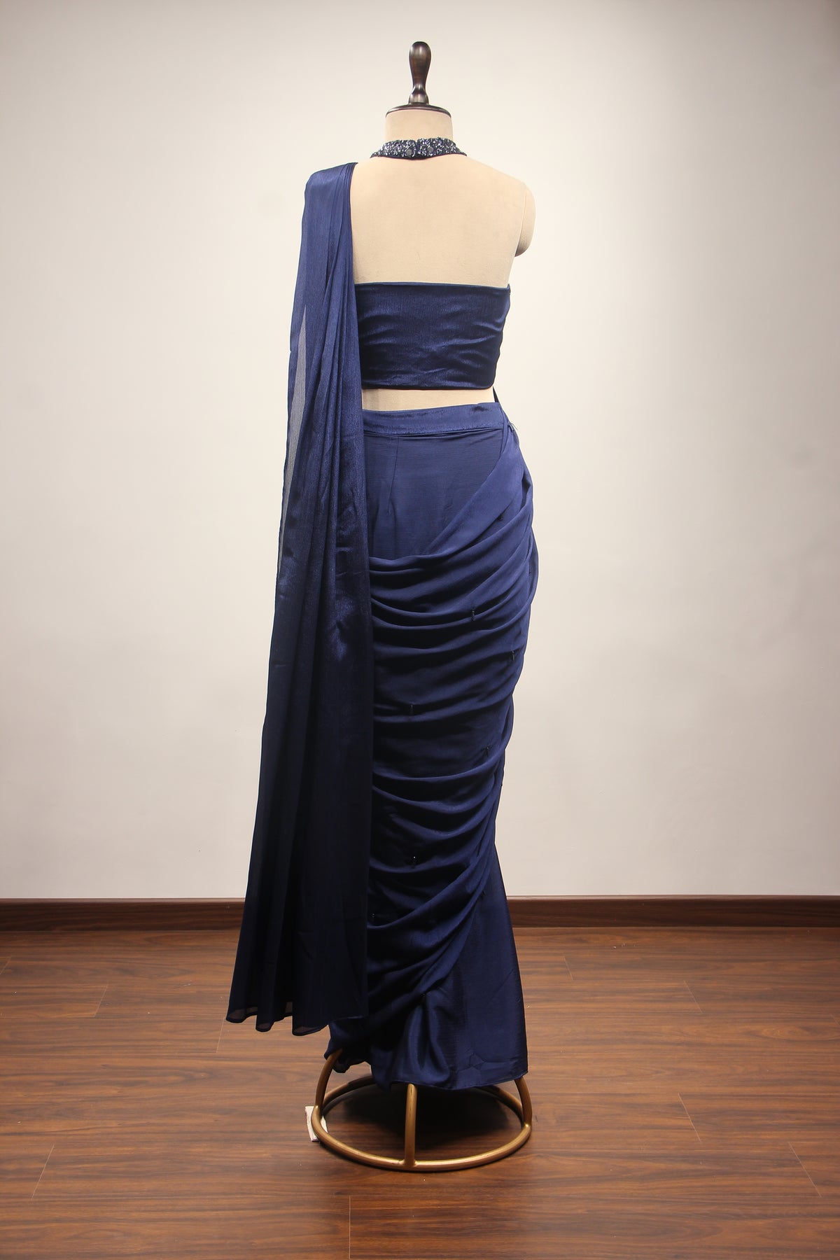 Navy Blue Crepe Halter Drape Saree with Mirror & Cut Dana Handwork – back view