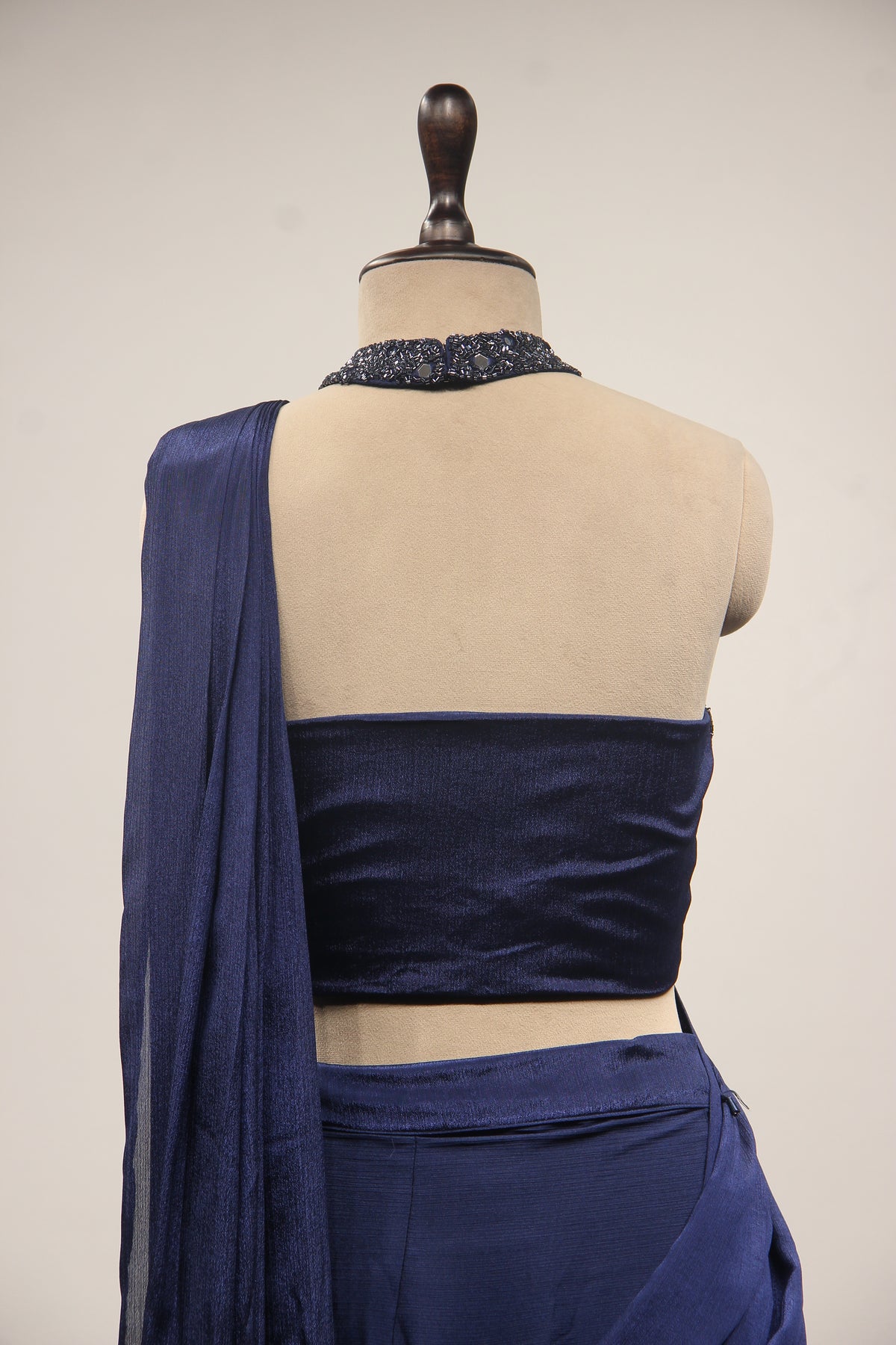 Navy Blue Crepe Halter Drape Saree with Mirror & Cut Dana Handwork – back close-up