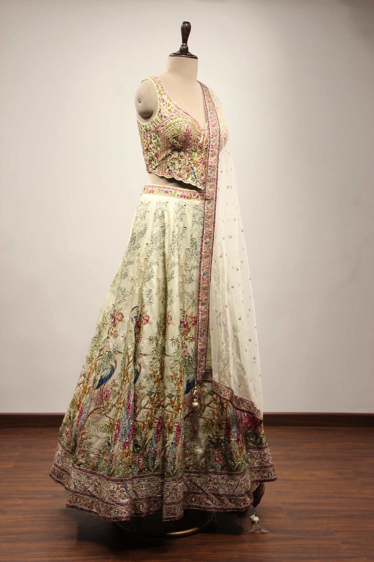 Pista Green Printed Silk Lehenga with Hand Embroidery Corset Blouse – other side view
