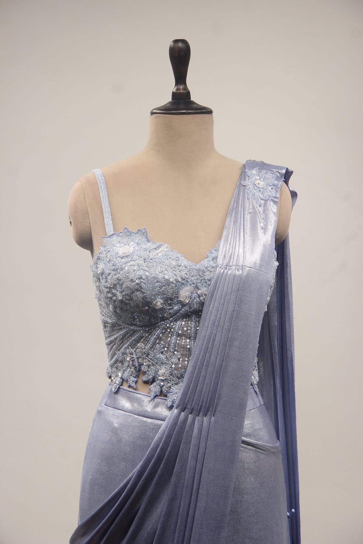 BLUE Imported Ready To Wear Drape Saree with Bead and Cut Dana work by OOS — product image 2